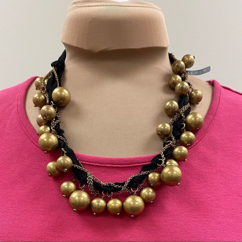 NEW J. Crew gold bead, chain. and black ribbon statement necklace